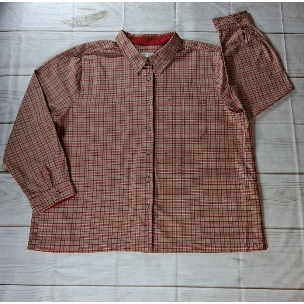 CJ Banks Women's Plaid Button Down Shirt Plus Size 2X Long Sleeve Red Tan Top
